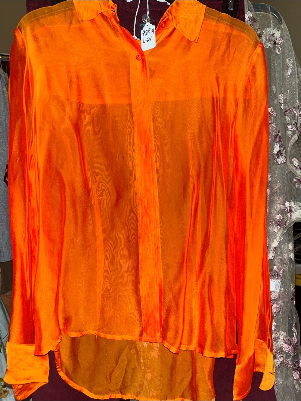 Karen Kane Vibrant Orange Sheer Button-Up Blouse
